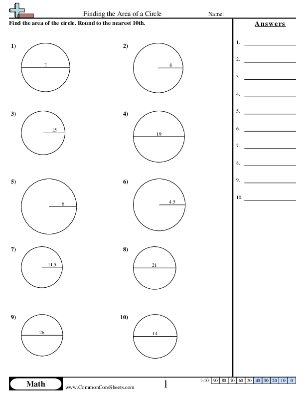7.g.4 Worksheets - Area of Circle worksheet